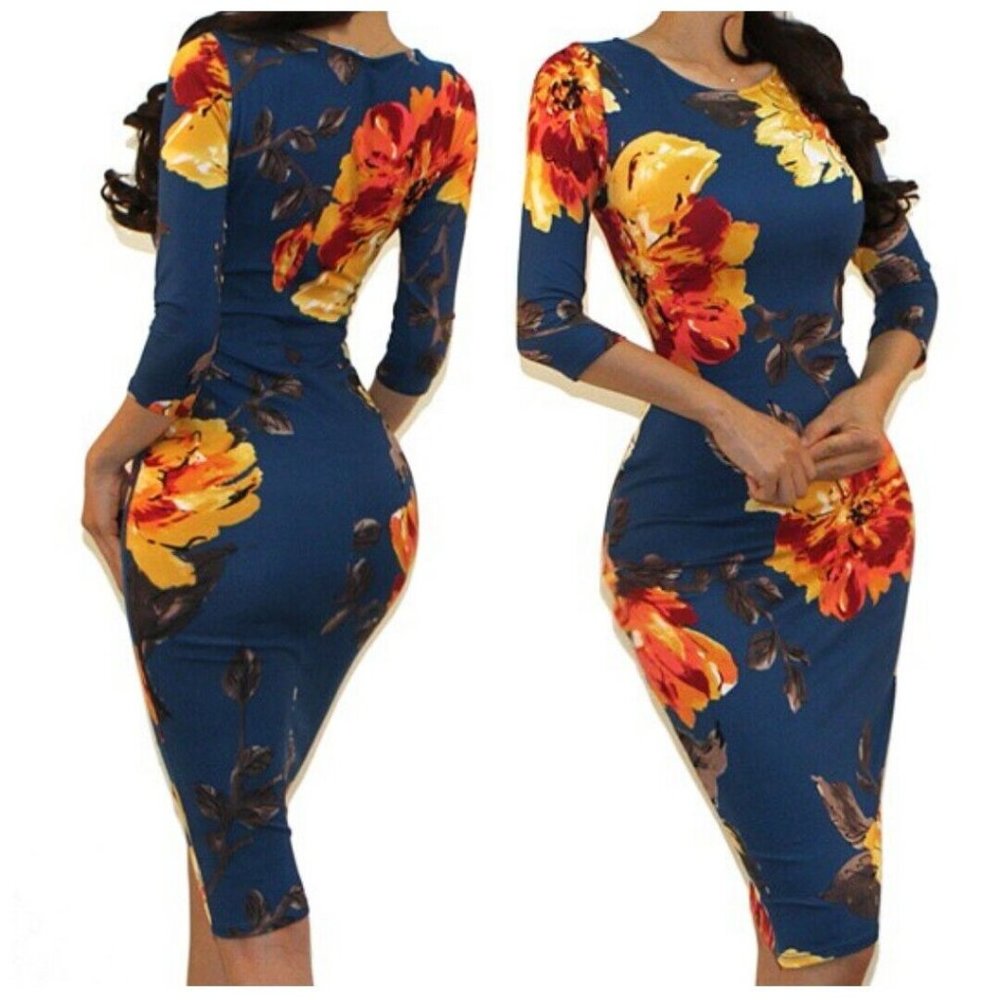 Got Style Mallori Dark Teal Floral Print 3/4 Sleeve Bodycon Party Cocktail Dress